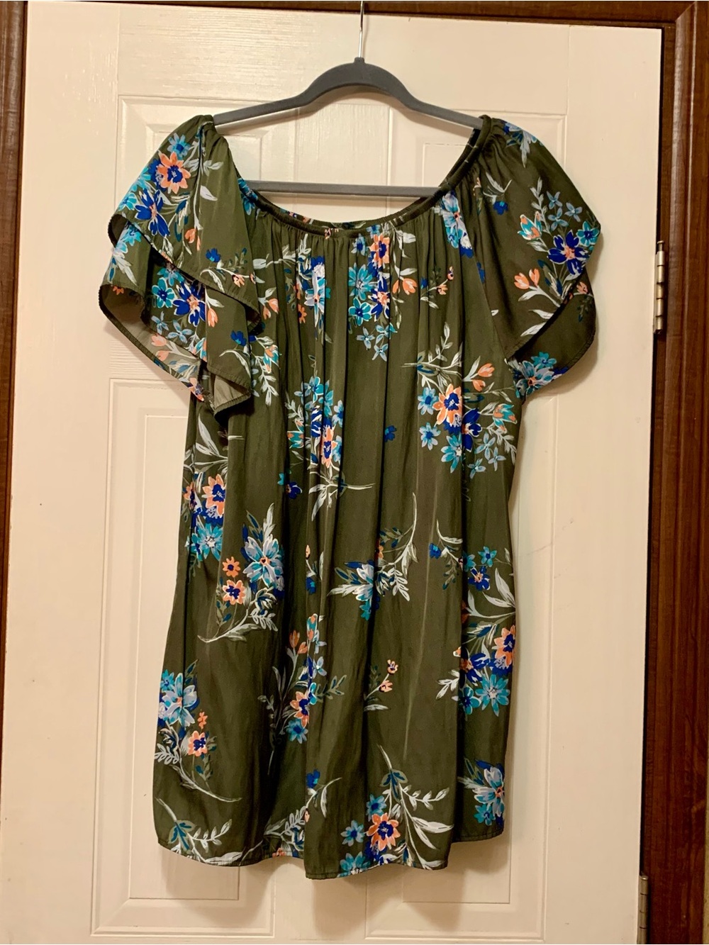 Terra & Sky 2X (20W-22W) Green Floral Flutter Sleeve Boho Peasant Tunic